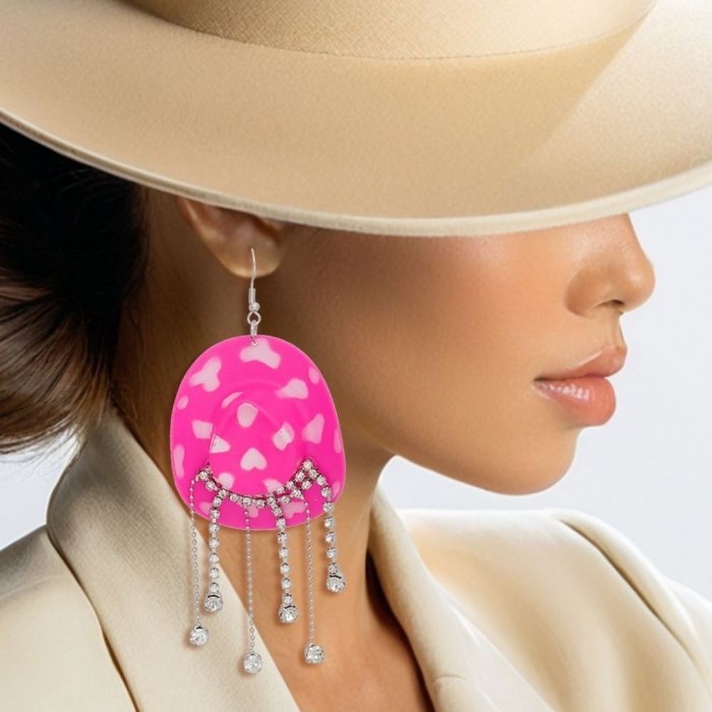 Fuchsia White Cowgirl Hat Fringe Earring